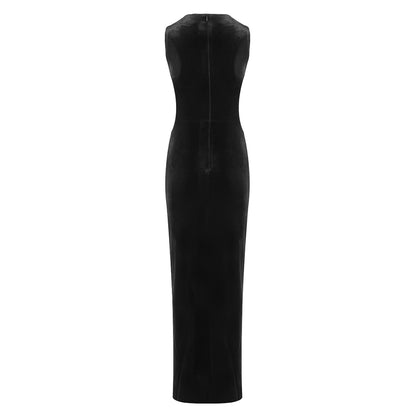 Crystal Mesh Insert Maxi Velvet Dress Black HV2092