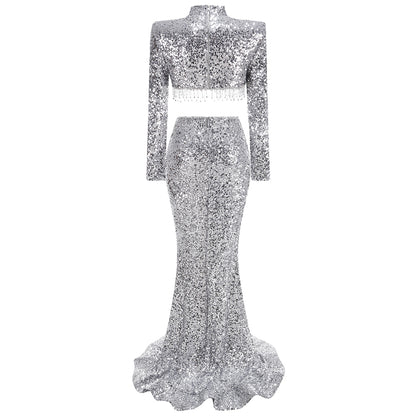 Long Sleeve Crystal Sequin Two Piece Maxi Dress Silver HV1984