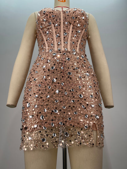 Strapless Corset Sequin Crystal Dress Nude Pink HV1656