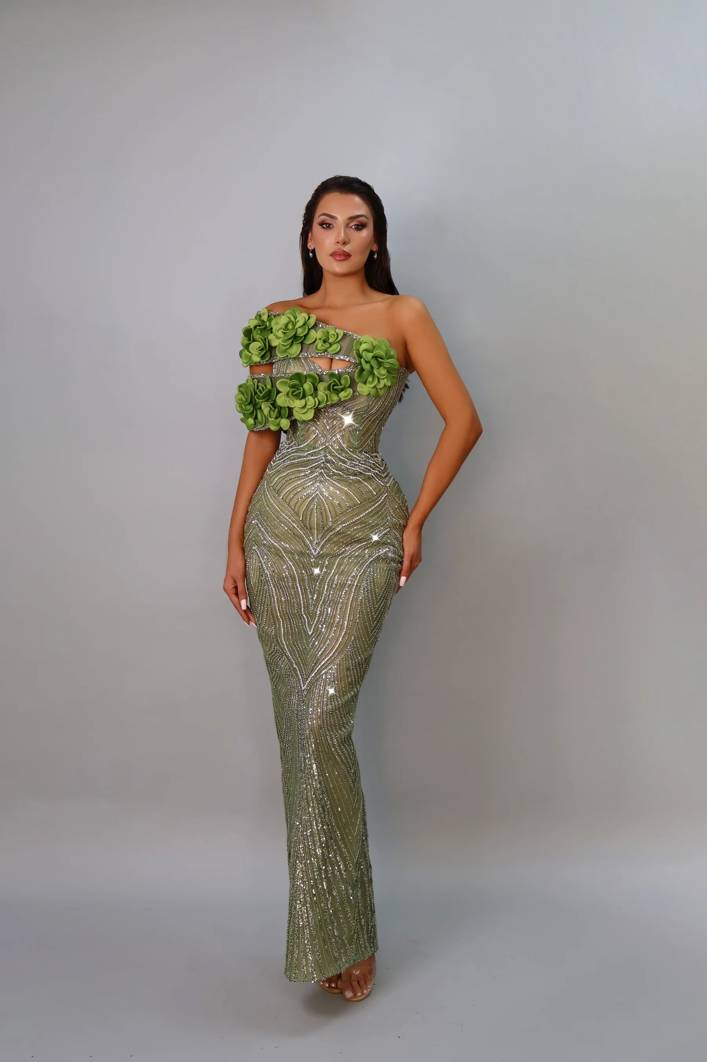 Floral Bardot Sequin Maxi Dress Green HV2400