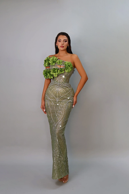 Floral Bardot Sequin Maxi Dress Green HV2400