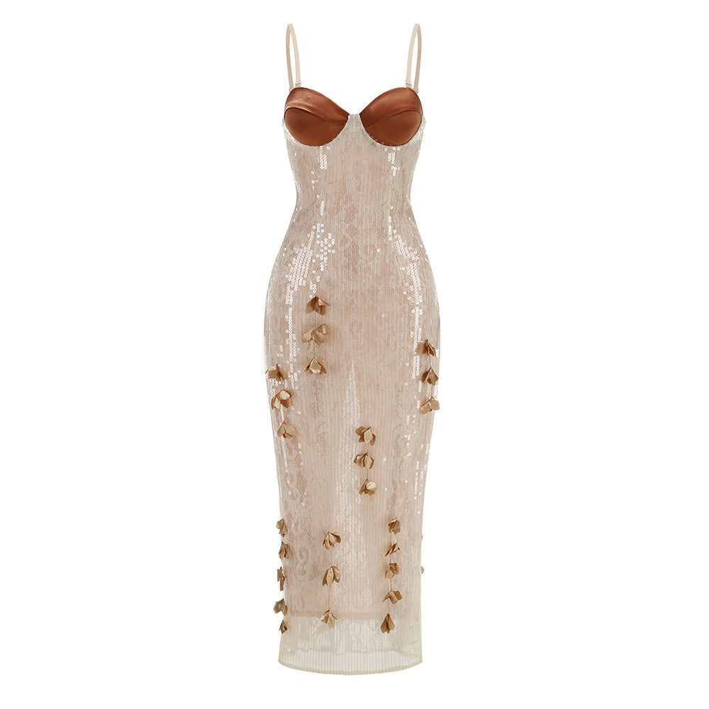 Leaf Detail Bustier Sequin Lace Maxi Dress Brown Nude HV2504