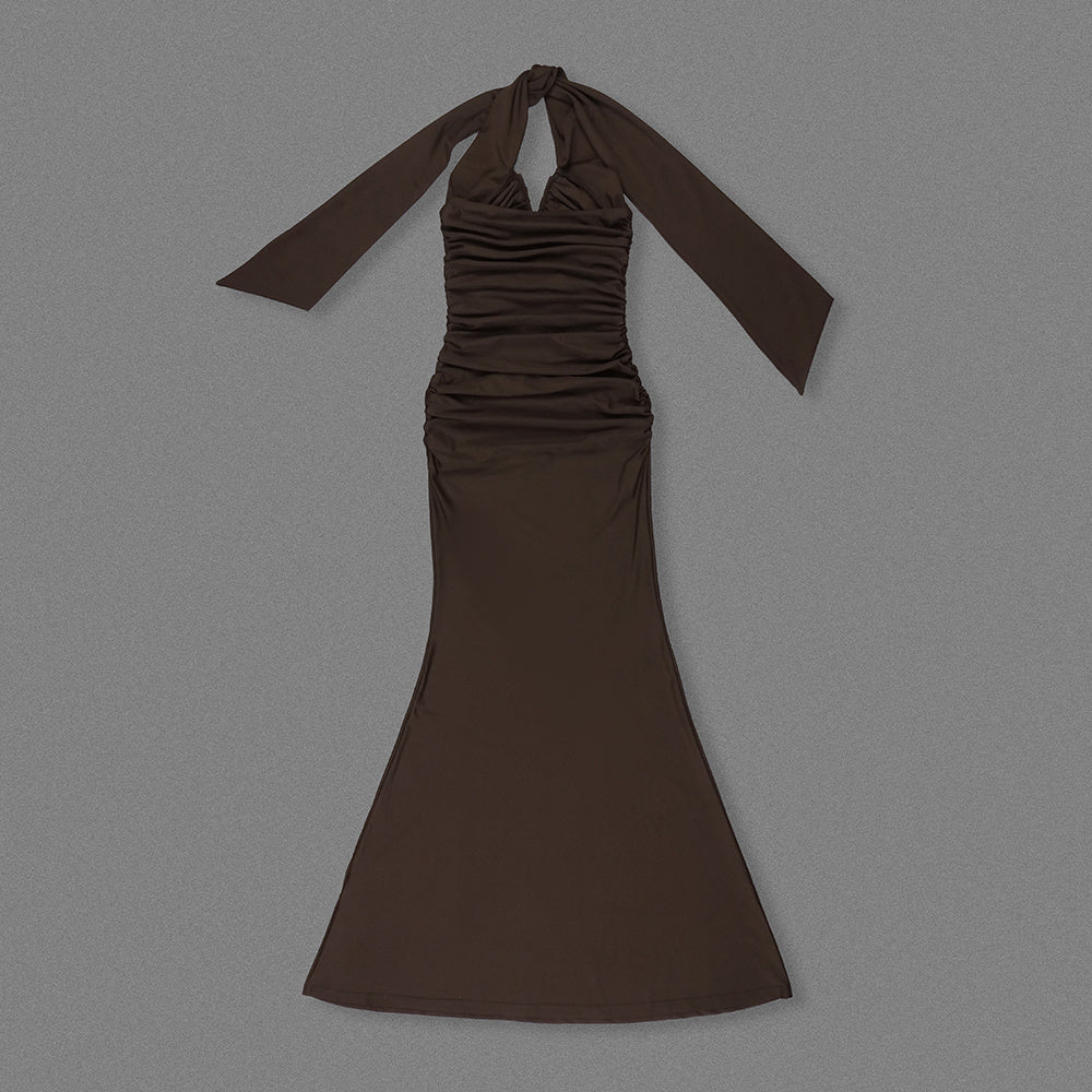 Halter Ruched Maxi Dress Brown HV2662