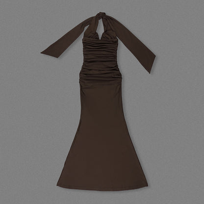 Halter Ruched Maxi Dress Brown HV2662