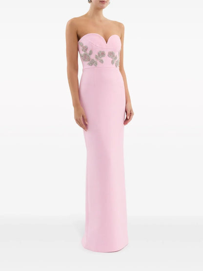 Strapless Crystal Floral Maxi Dress Pink HV1532