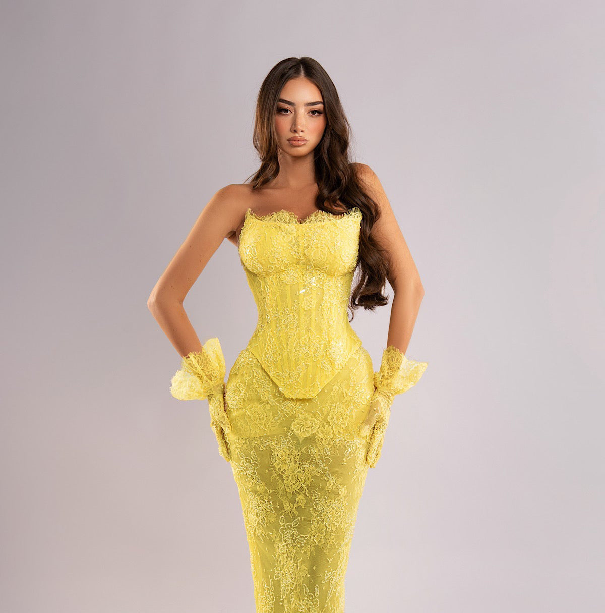 Strapless Embellished Lace Maxi Dress Yellow HV2817