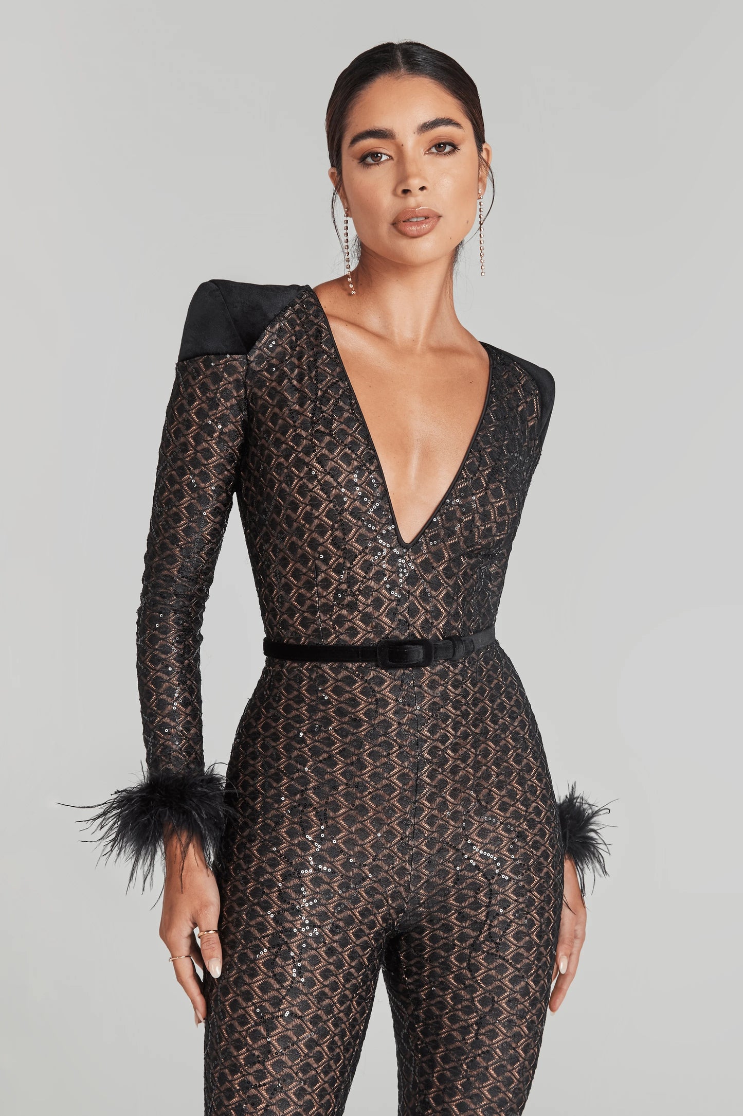 Feather Long Sleeve Sequin Jumpsuit Black HV1470