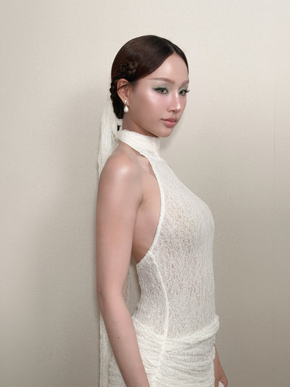 Halter Draped Lace Maxi Dress White HV0167