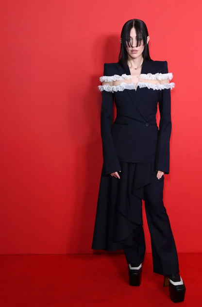 Frayed Ruffle Detail Suit Navy Blue HV2804