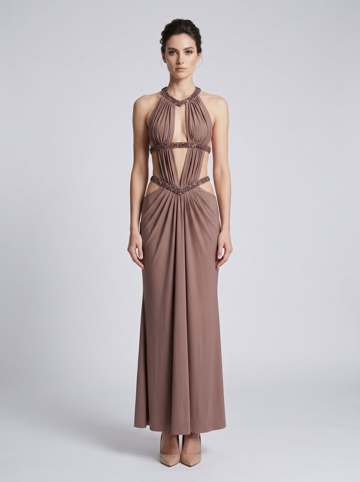 Halter Draped Cut Out Maxi Dress Brown HV3085