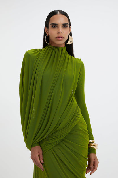 Long Sleeve Draped Maxi Dress Green HV0054