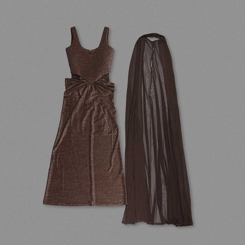Mesh Insert Sparkly Maxi Dress Brown HV0061