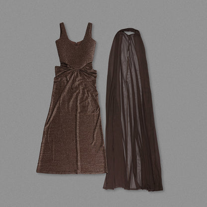 Mesh Insert Sparkly Maxi Dress Brown HV0061
