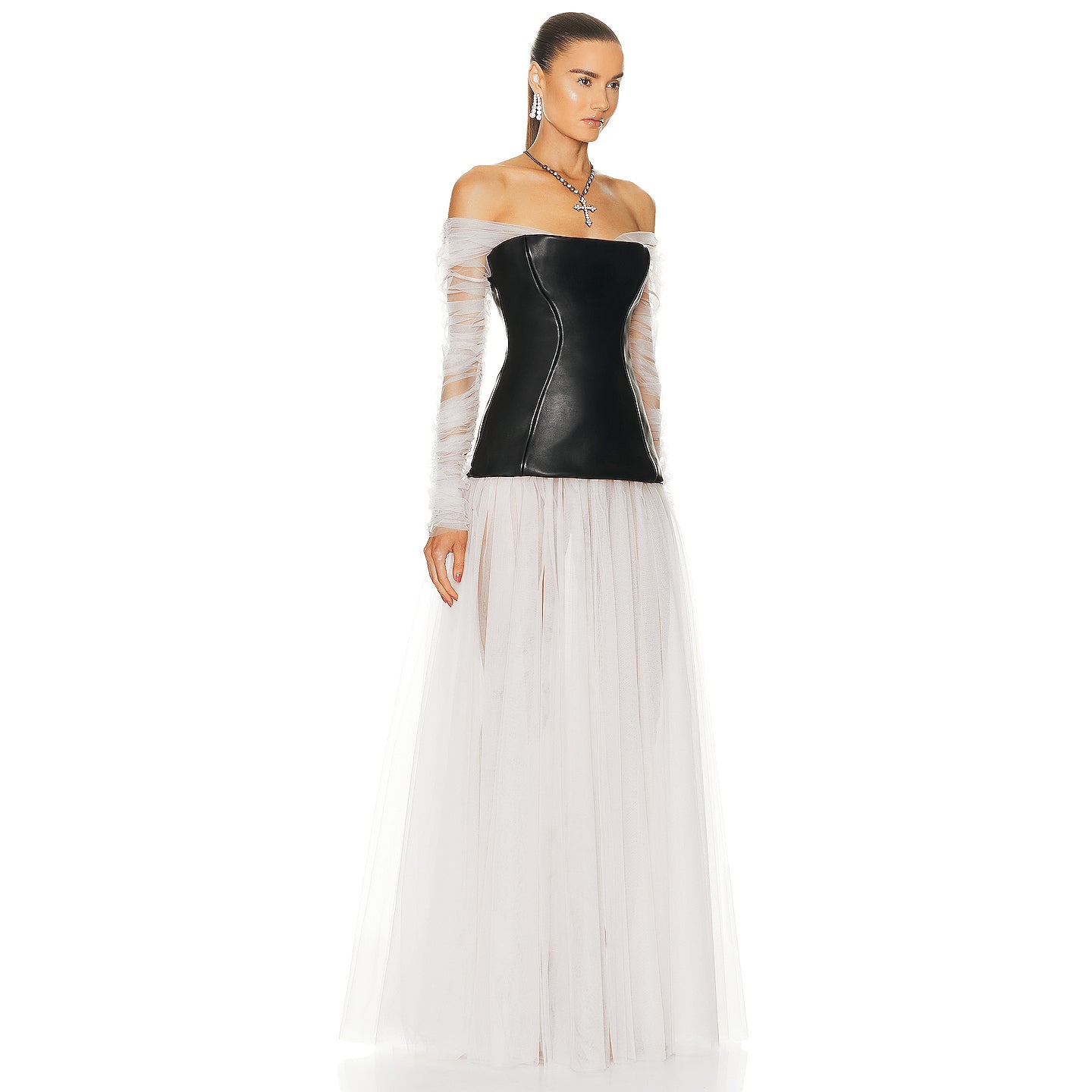 Long Sleeve Faux Leather Corset Maxi Dress Black White HV9907