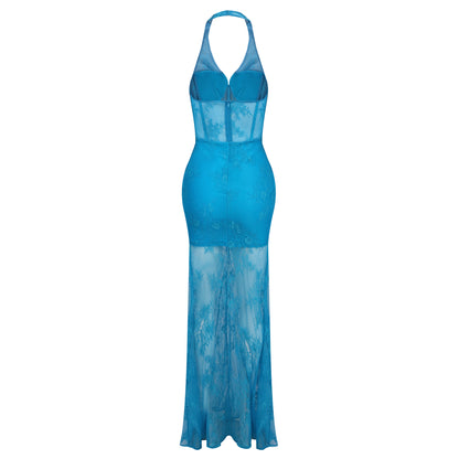 Halter Structured Lace Maxi Dress Turquoise HV2494