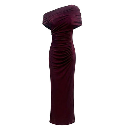 One Shoulder Bardot Draped Maxi Dress Burgundy HV2828