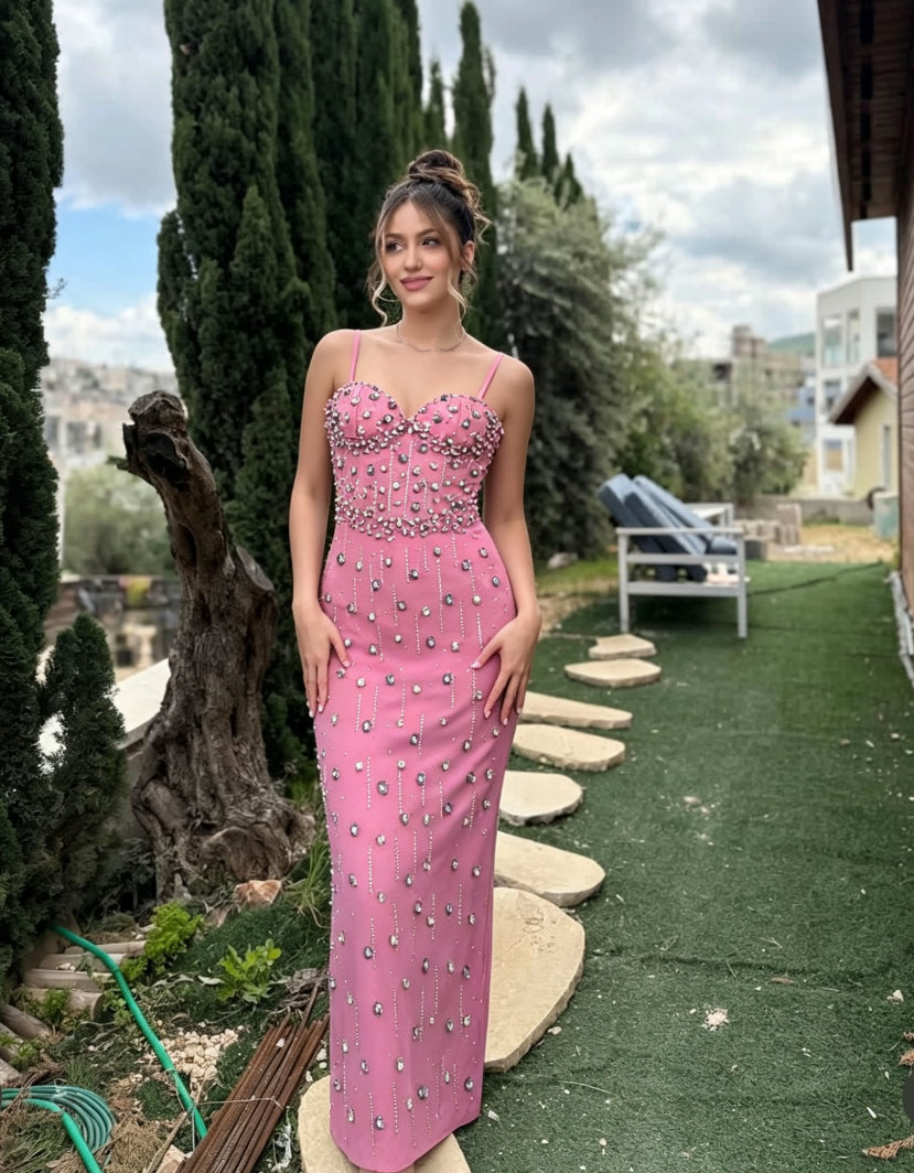 Crystal Embellished Bustier Maxi Dress Pink HV2894