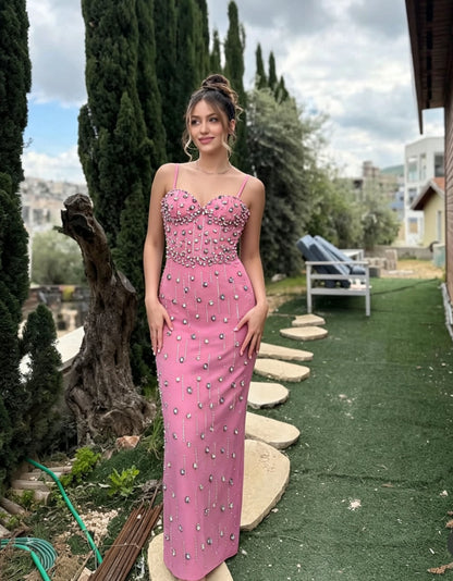 Crystal Embellished Bustier Maxi Dress Pink HV2894