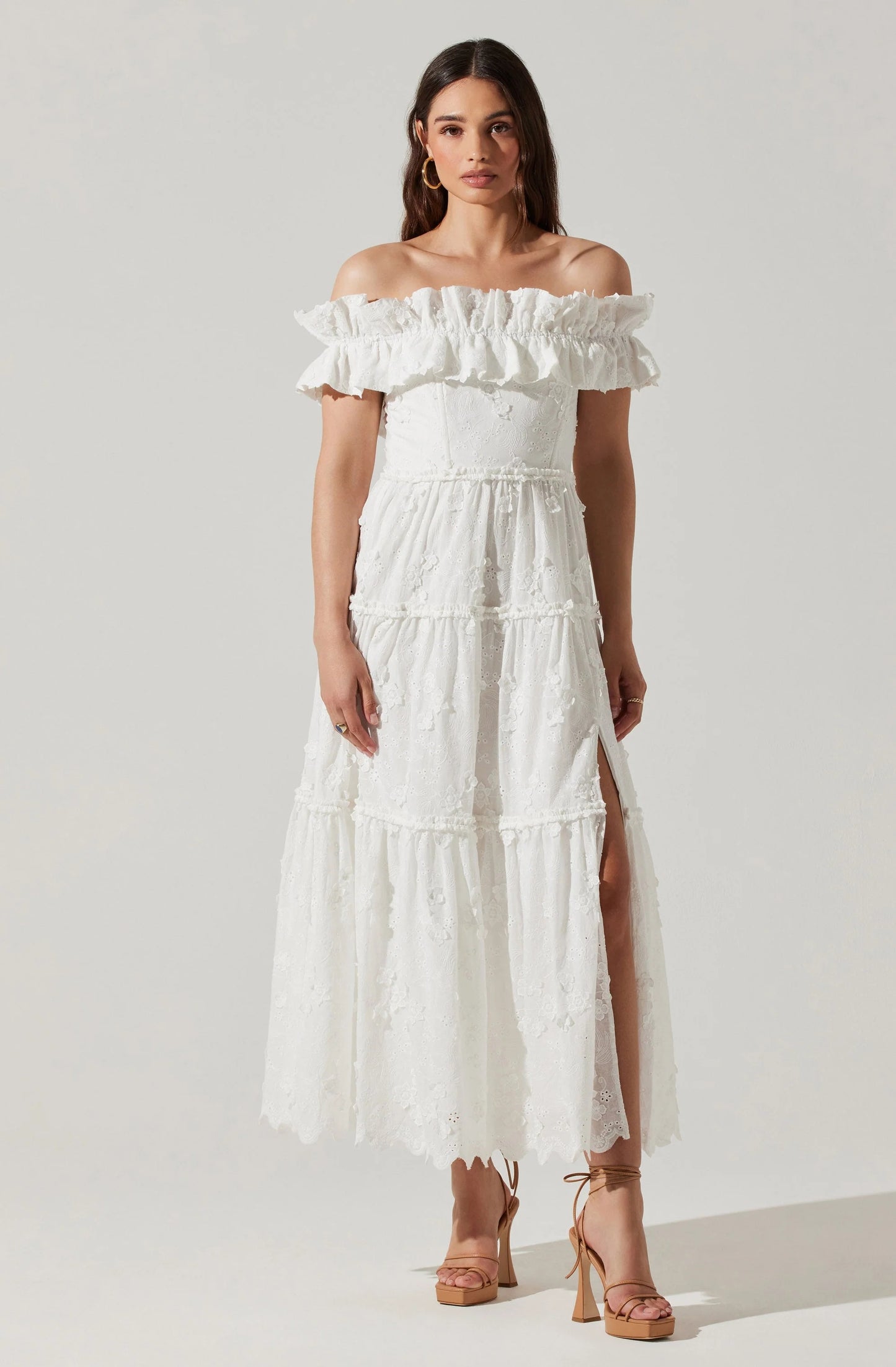 Ruffle Bardot A Line Midi Broderie Anglaise Dress White HV1407