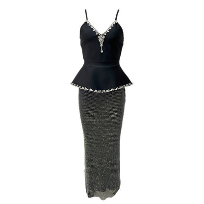Crystal Peplum Maxi Dress Black Silver HV2669