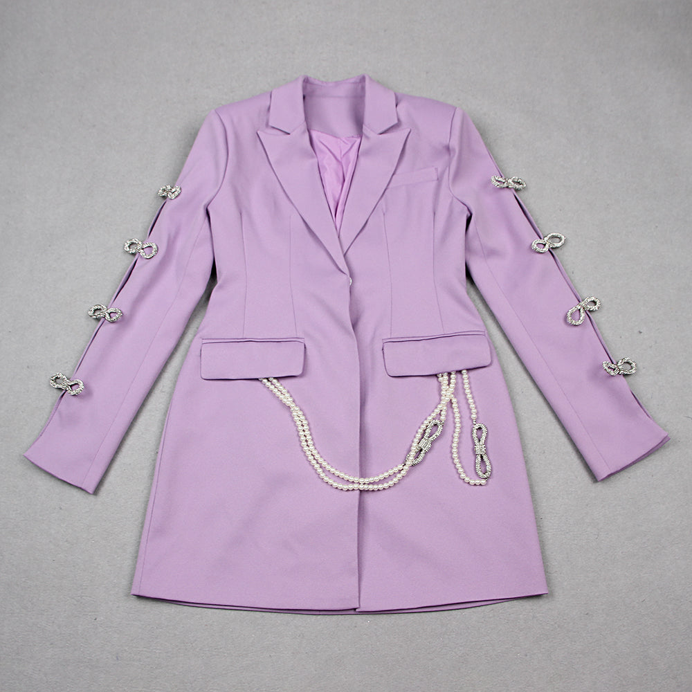 Long Sleeve Crystal Bow Blazer Dress Lavender