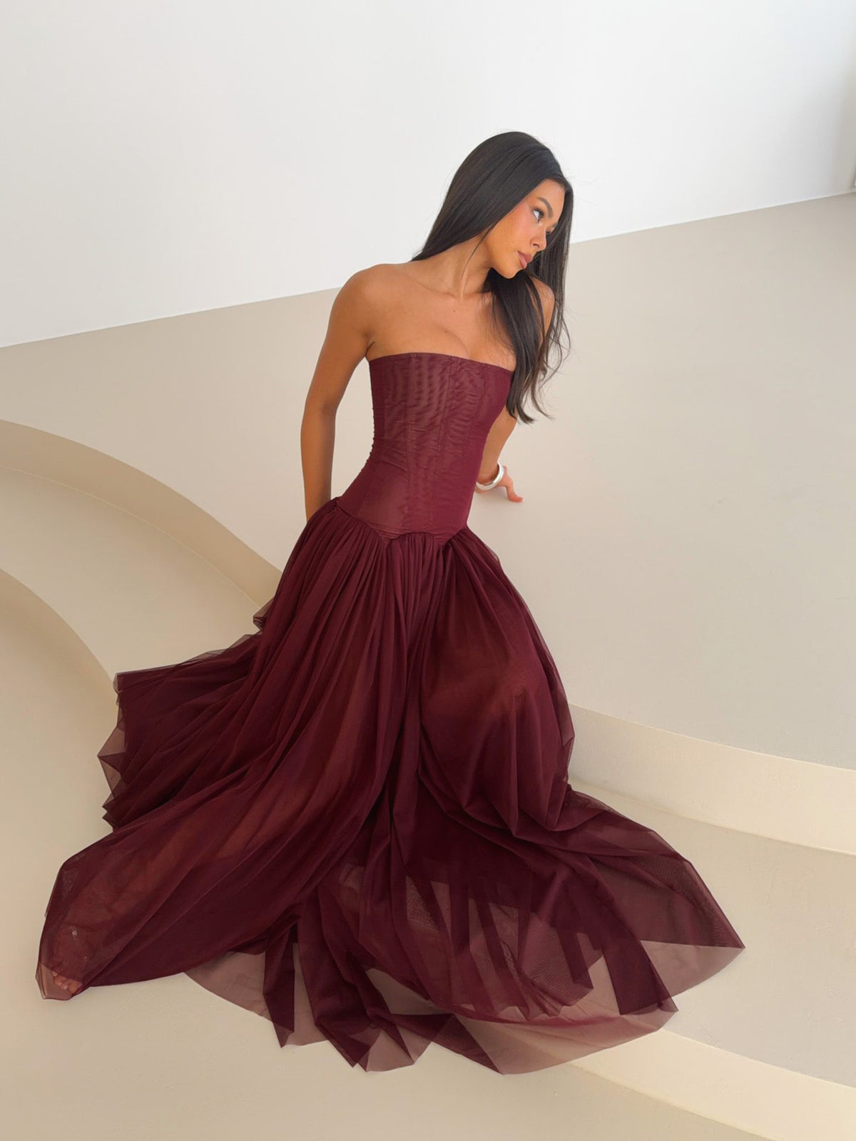 Strapless Structured A Line Maxi Dress Burgundy HV0086