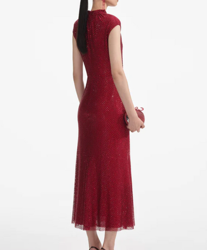 Floral Detail Sparkly Midi Dress Red HV2213