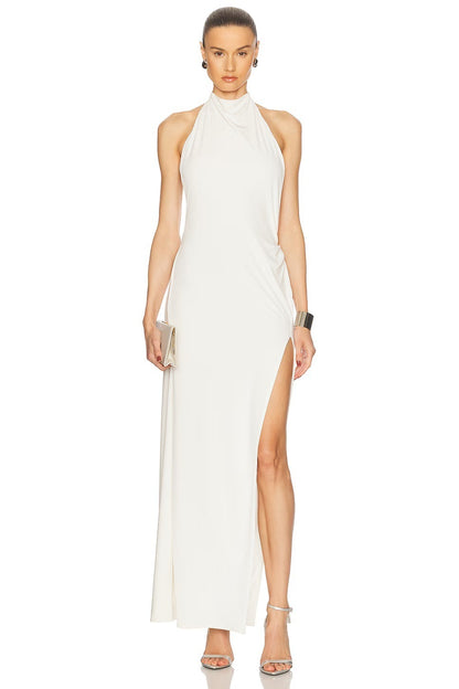 Halter Crystal Detail Backless Maxi Dress White HV2655