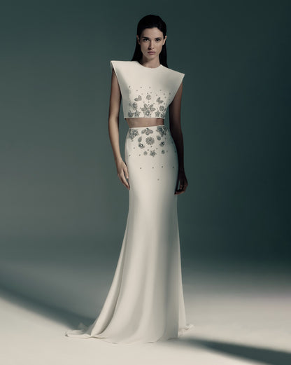 Crystal Flower Detail Two Piece Maxi Dress White HV2710