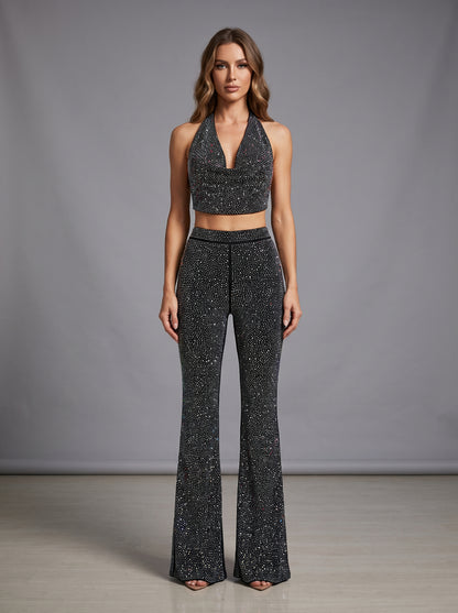 Halter Sparkly Two Piece Jumpsuit Silver HV3203