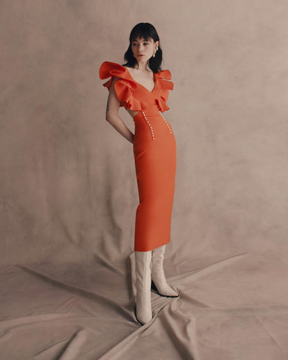 Ruffle Sleeve Bustier Midi Dress Orange HV1597