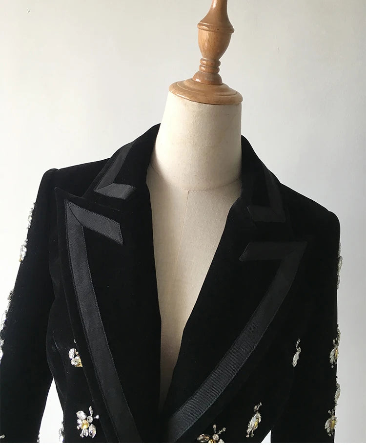 Long Sleeve Crystal Bee Velvet Blazer Black