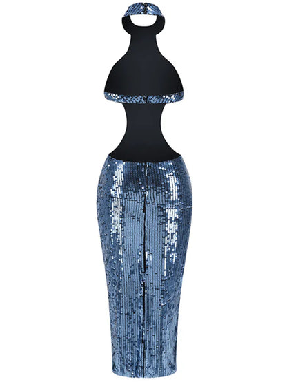 Halter Sequin Cut Out Maxi Dress Blue