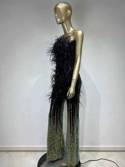 Strapless Feather Sequin Jumpsuit