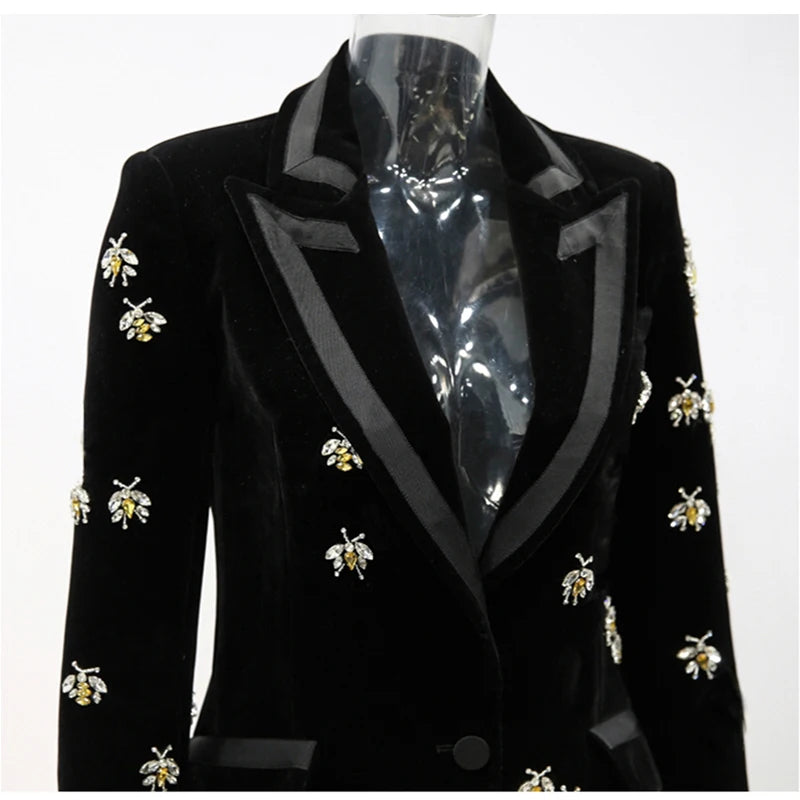 Long Sleeve Crystal Bee Velvet Blazer Black