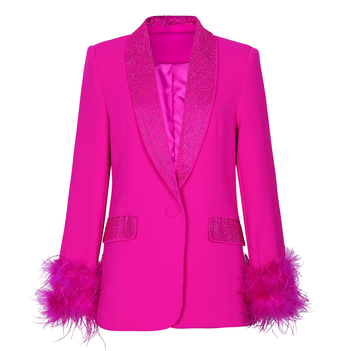 Long Sleeve Feather Crystal Blazer Hot Pink