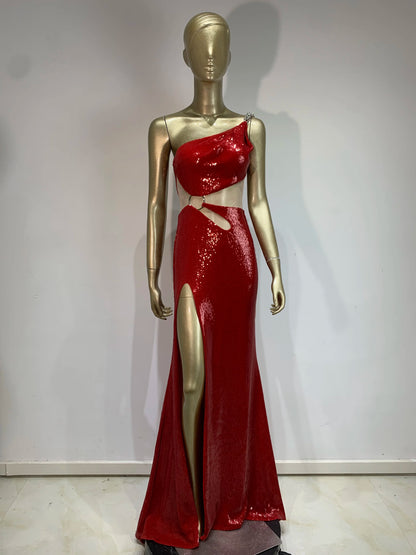 One Shoulder Sequin Maxi Dress Red HV1577