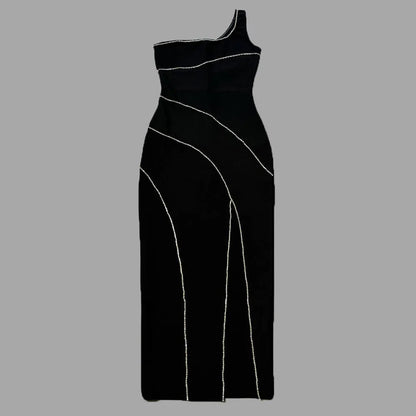 One Shoulder Structured Mesh Maxi Dress Black