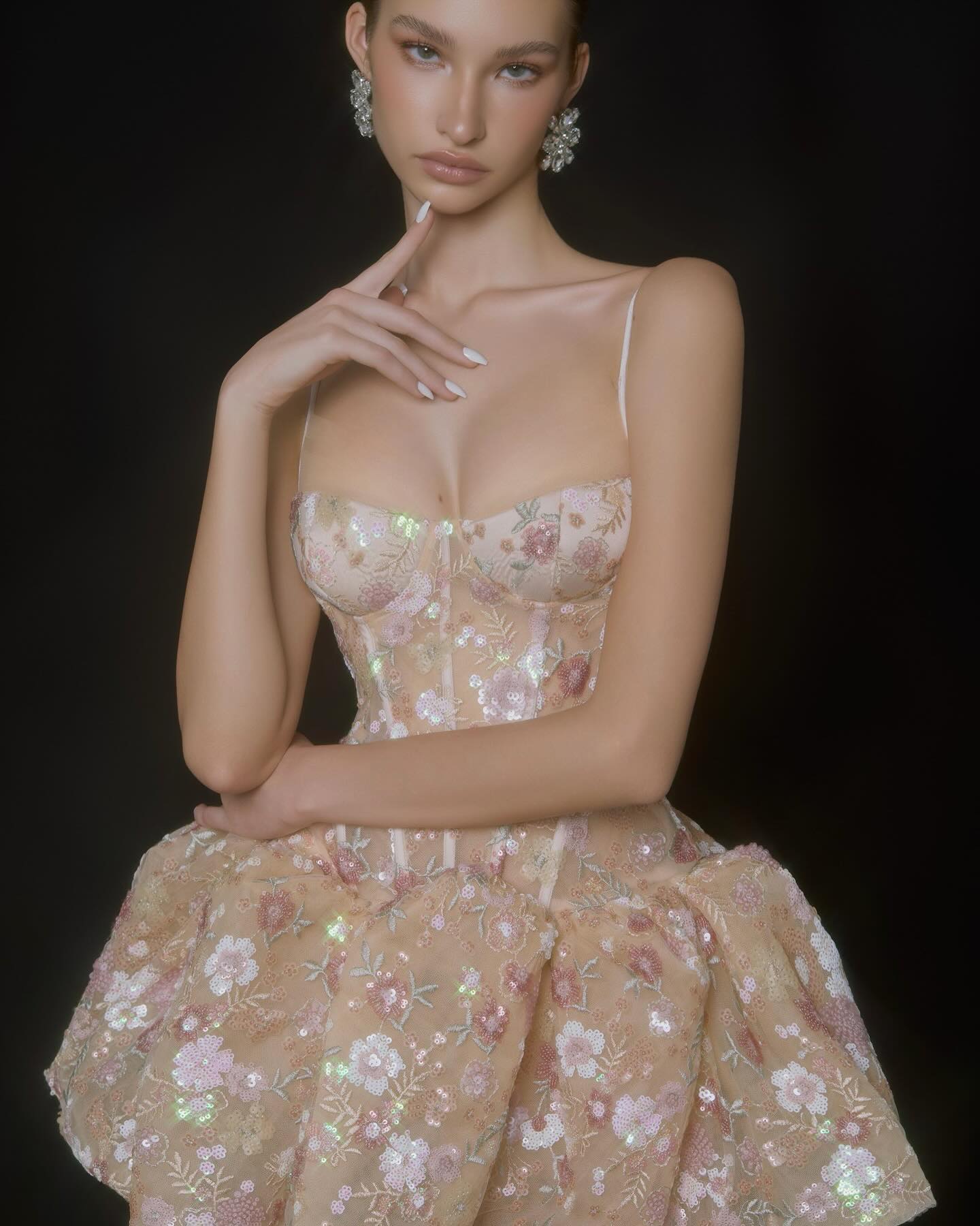 Floral Sequin Bubble Dress Nude HV3080