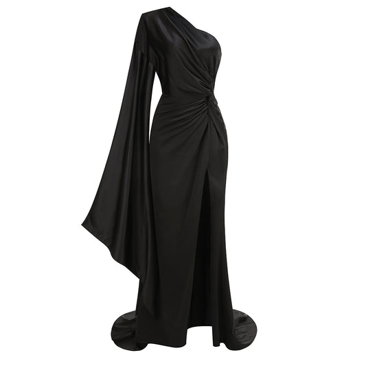 One Shoulder Draped Maxi Dress Black HV1566