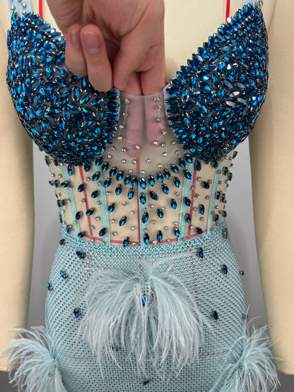Crystal Bustier Feather Detail Dress Blue HV2192