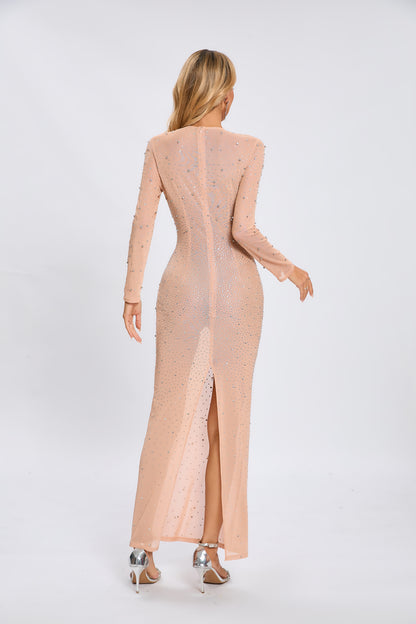 Long Sleeve Crystal Mesh Maxi Dress Nude HV2085
