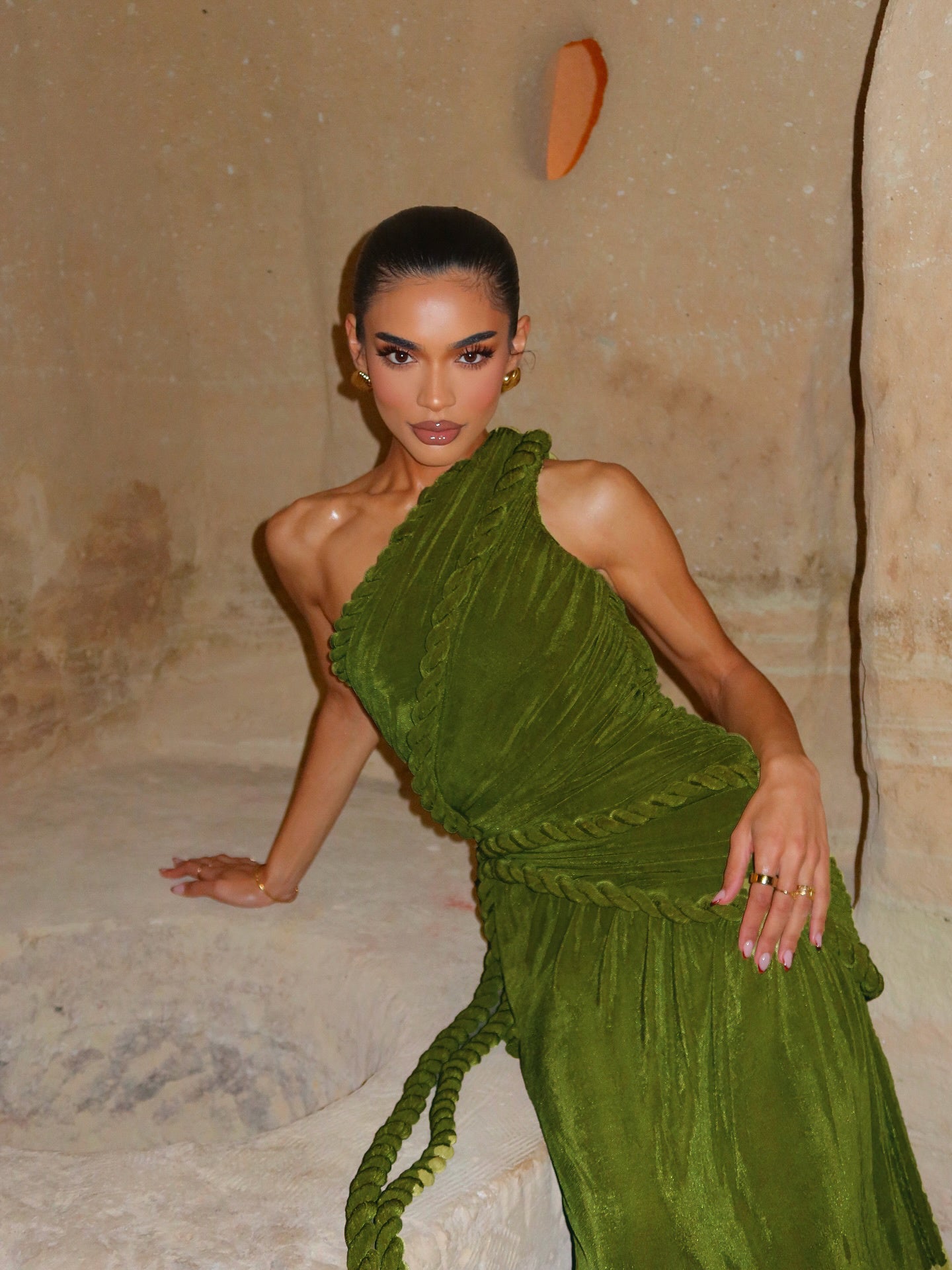 One Shoulder Maxi Velvet Dress Green HV2761