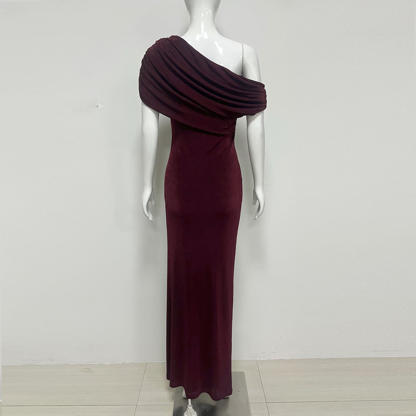 One Shoulder Bardot Draped Maxi Dress Burgundy HV2828