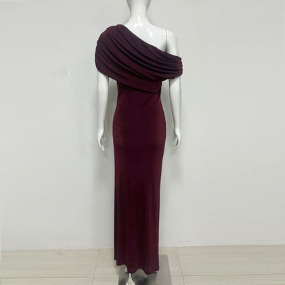 One Shoulder Bardot Draped Maxi Dress Burgundy HV2828