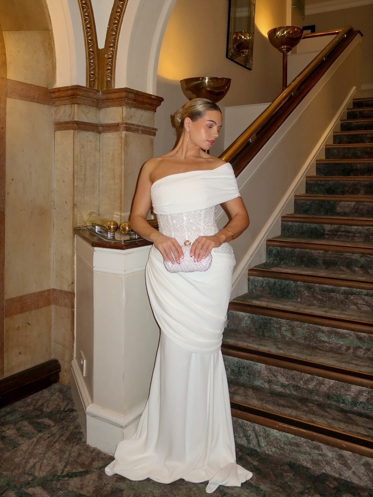 Draped One Shoulder Sequin Corset Maxi Dress HV3208