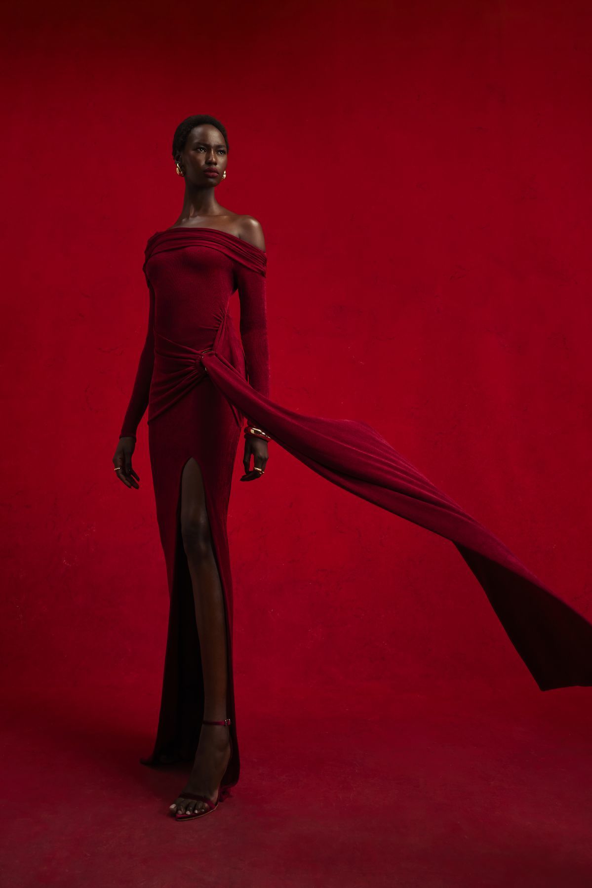 Long Sleeve Draped Bardot Maxi Velvet Dress Red HV2061