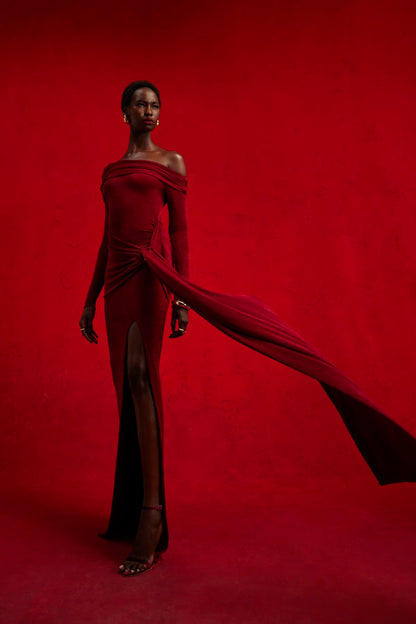 Long Sleeve Draped Bardot Maxi Velvet Dress Red HV2061