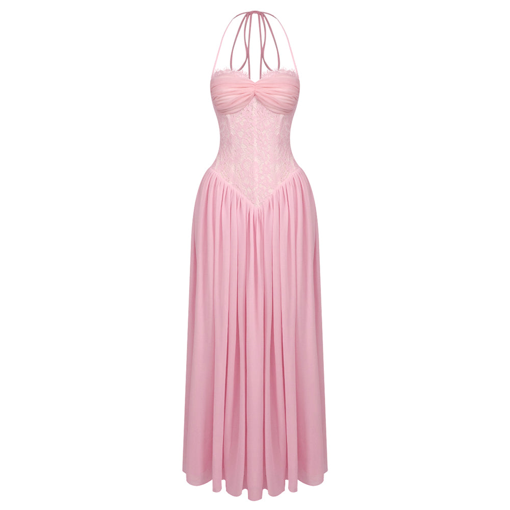 Halter Lace Corset A Line Maxi Dress HV0149