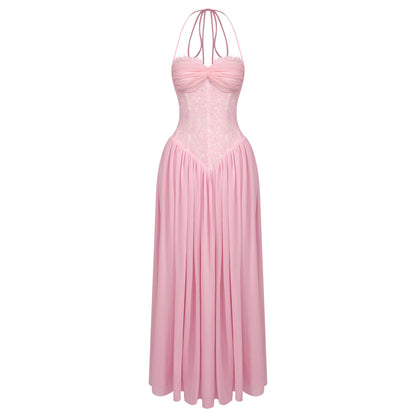 Halter Lace Corset A Line Maxi Dress HV0149